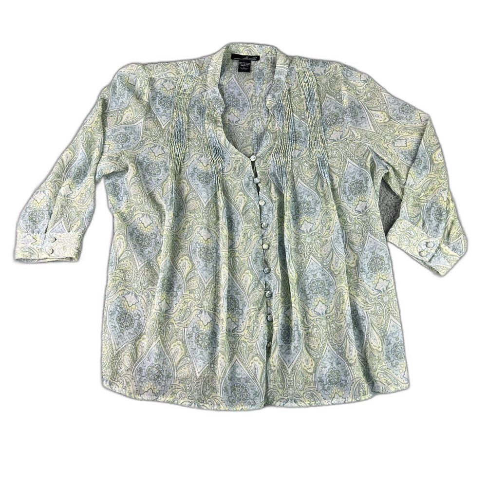 Willie Smith Women's Size Large Blouse button & loop Pleated Semi Sheer